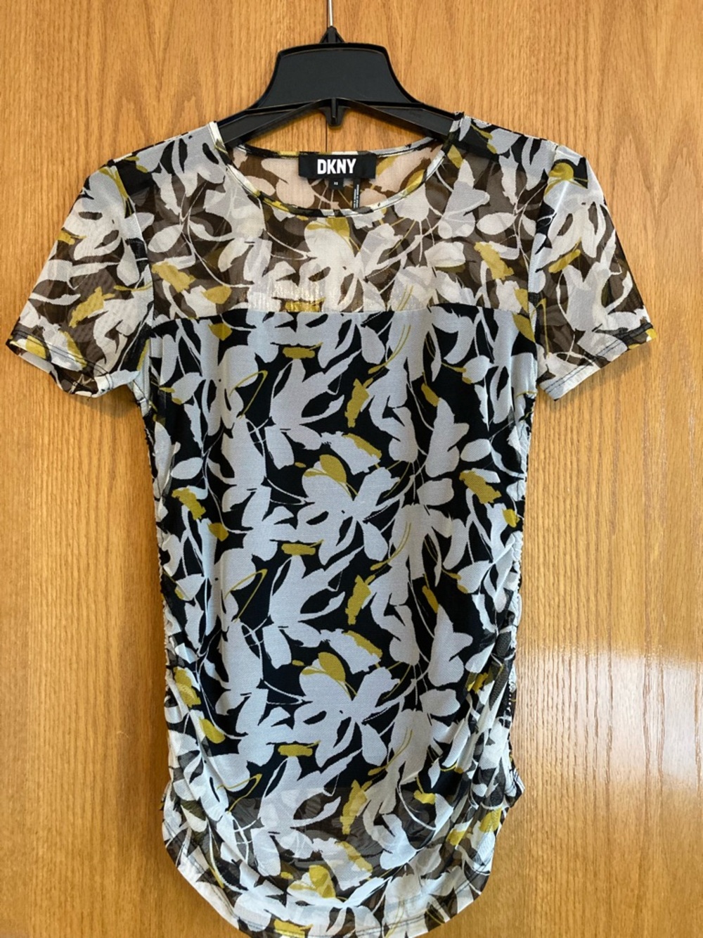 Dkny Short Sleeve Floral Mesh Top in Black, White & Mustard - Side Ruching - XS